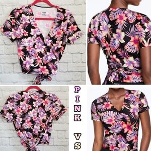 PINK Victoria's Secret Tropical Ultimate Wrap Top Short Sleeve Shirt Large New